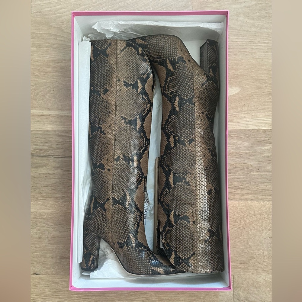 Paris Texas Brown Snake Print Knee-high Heeled Boots